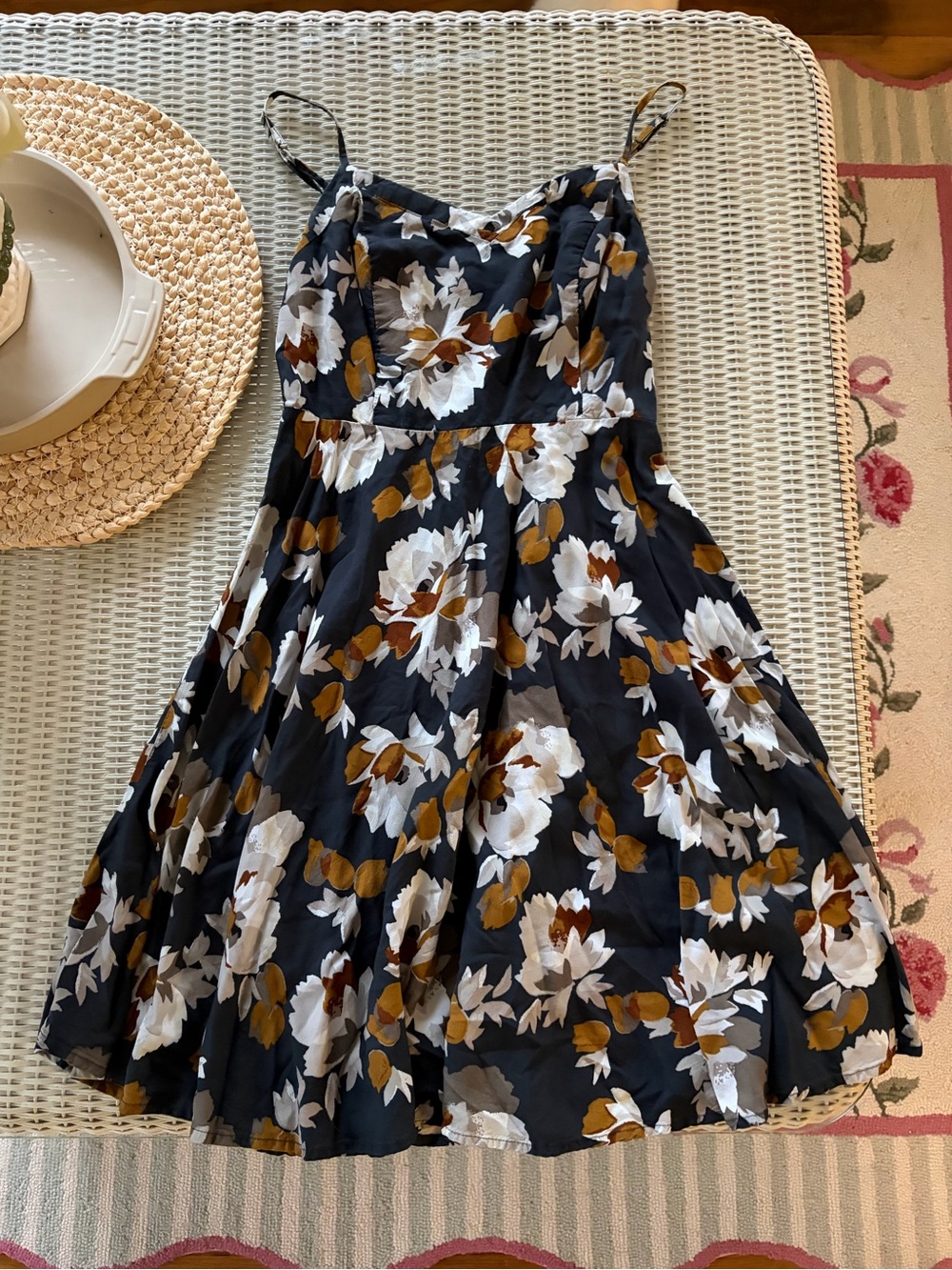 Old Navy Black Floral Midi Dress with White and Mustard Blooms